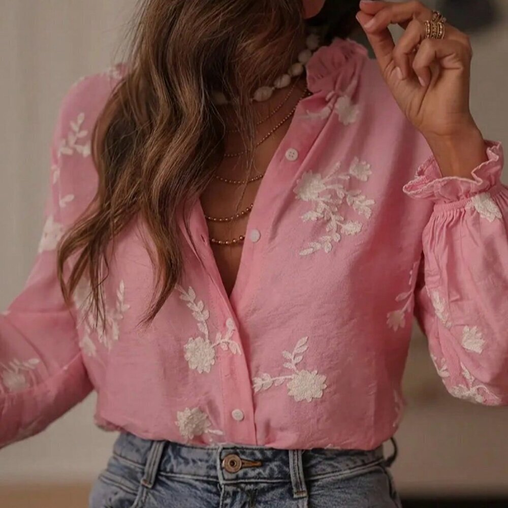 Bestselling Pink Casual Women's Embroidered Ruffle Hem Blouse top - Picture 4 of 6